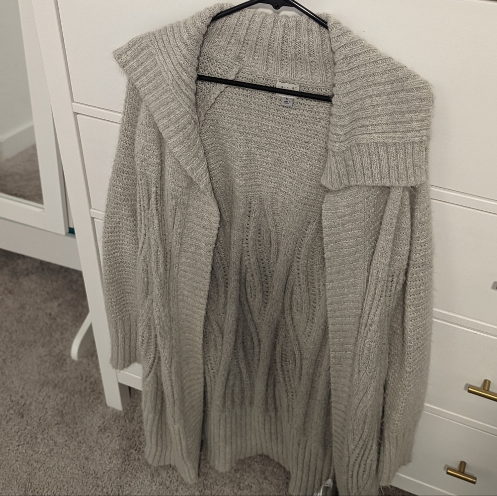 Grey long duster cardigan knit sweater with collar